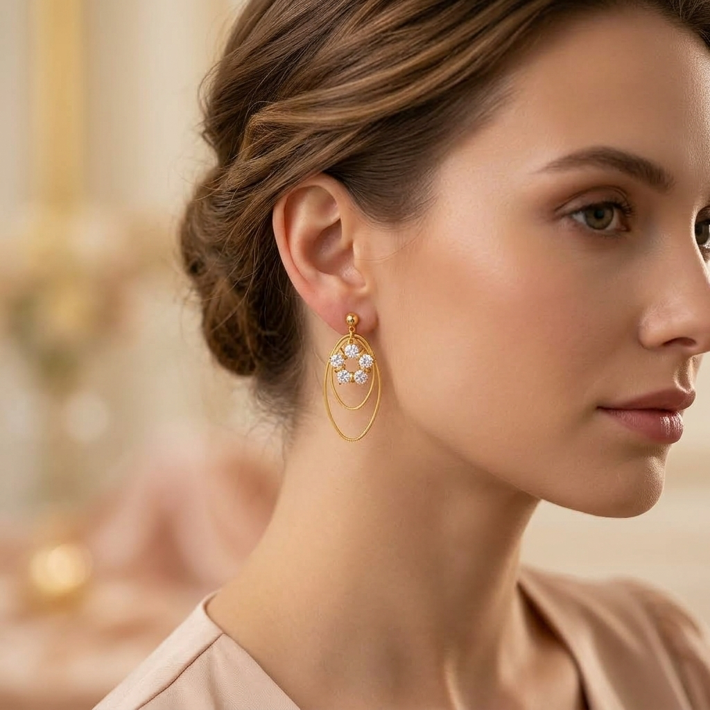 AI Generated Model Wearing 22K Gold-Plated Floral Cluster Earring