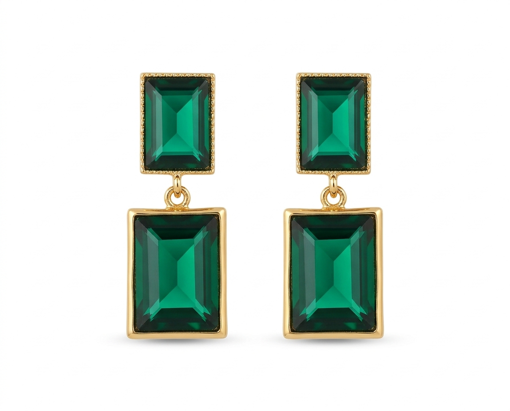 AI Generated Emerald Cut Green Crystal Drop Earrings on White Background