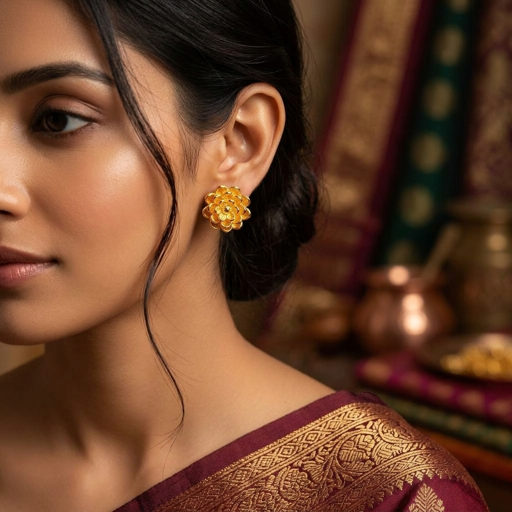 AI Generated Indian Model Wearing Gold Flower Earrings