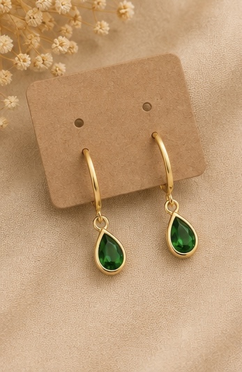 Gold Teardrop Hoop Earrings – Emerald Green