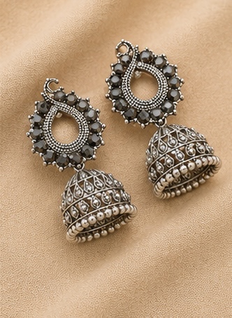 Oxidised Silver Stone Jhumka Earrings – Classic Ethnic Charm