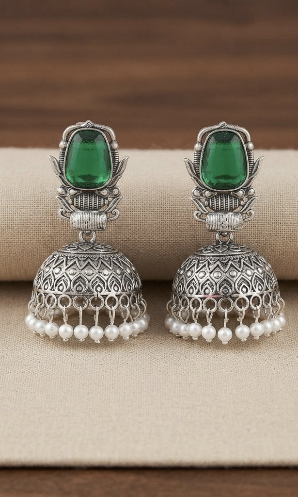 Oxidized Silver Green Stone Jhumka Earrings with Pearl Drops | Traditional Ethnic Earrings (Yellow)
