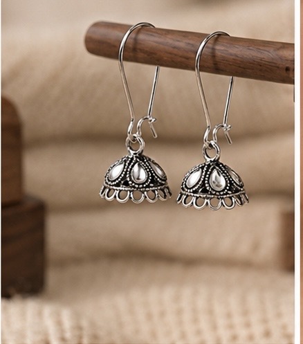 Elegant Oxidised Silver Jhumka Earrings with Stone