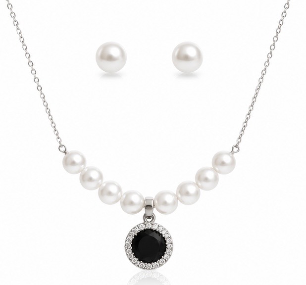 Sophisticated & Minimalist Pearl & Black Stone Pendant Set – Timeless Elegance