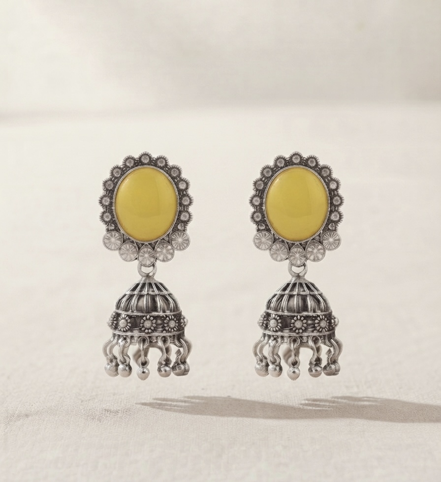 Yellow Stone Oxidised Jhumka (Yellow)