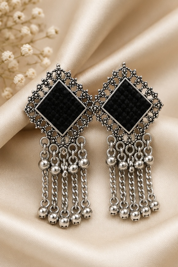 Black Geometric Tassel Earrings