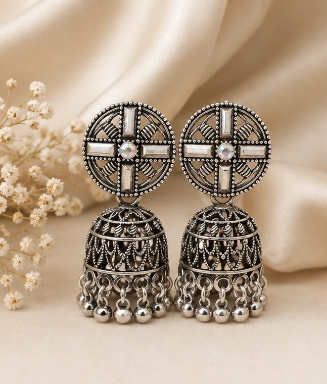 Oxidized Silver Statement Jhumka Earrings