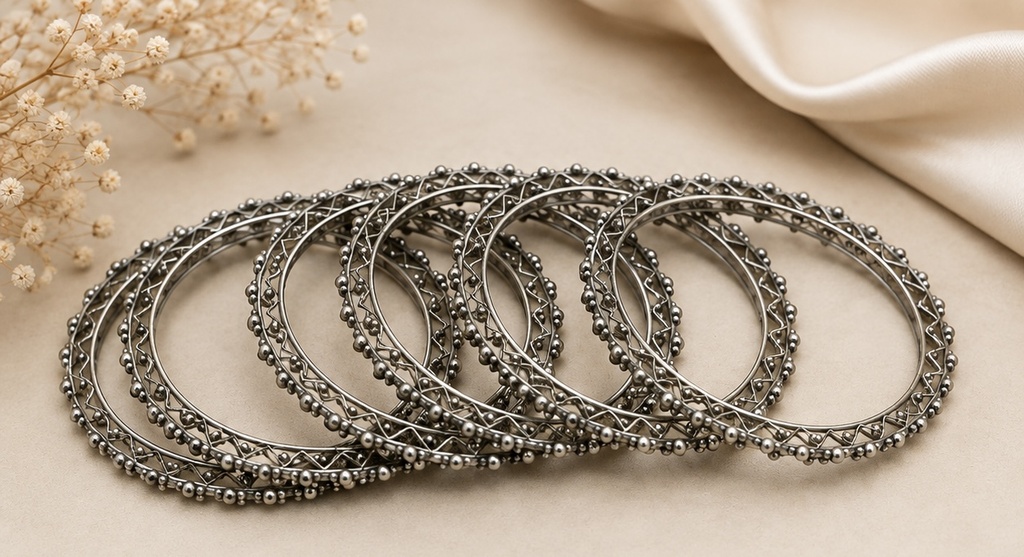 Oxidized Silver Beaded Bangles Set (2*4)