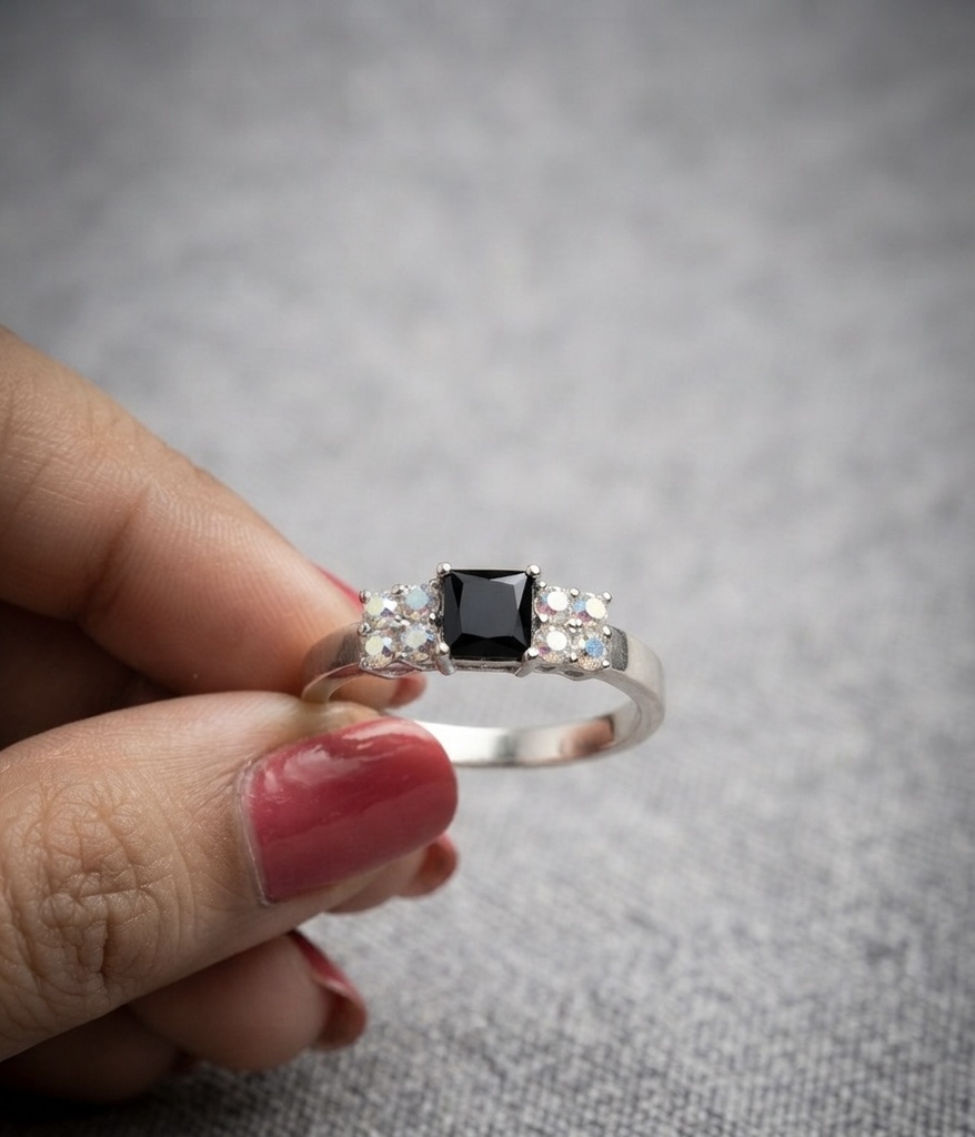 Stylish Square Black Stone Silver-Plated Fashion Ring for Women & Girls
