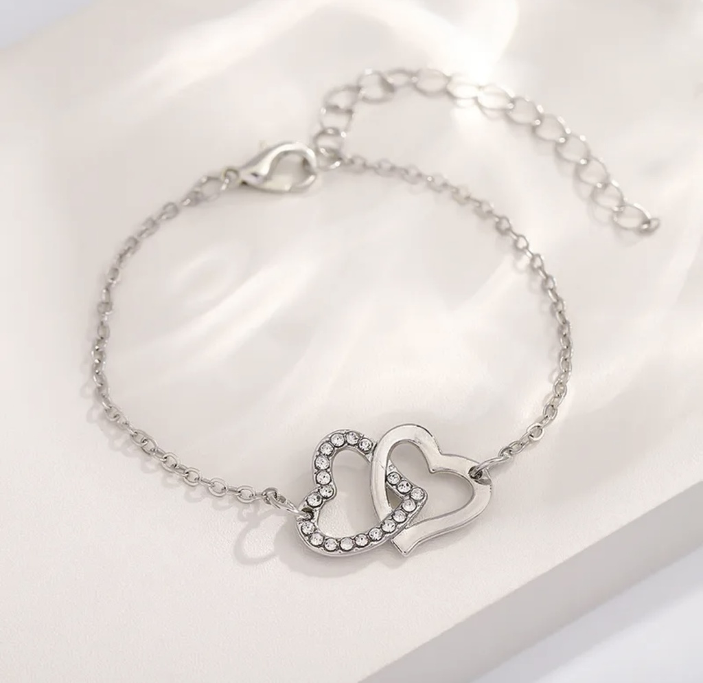 Stunning Silver-Tone Double Interlocking Heart Bracelet