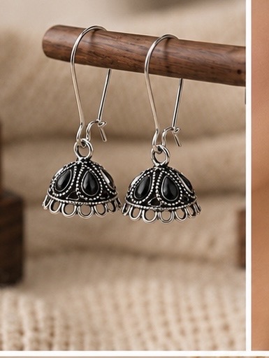 Elegant Oxidised Silver Jhumka Earrings with Black Stone