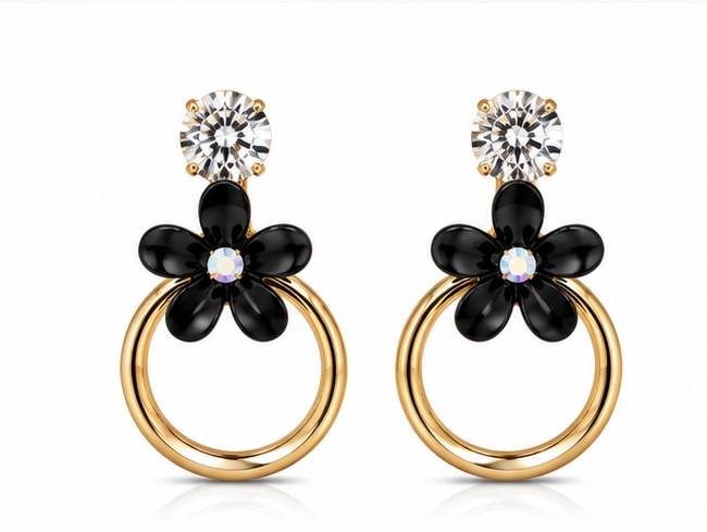 Black Flower Hoop Earrings