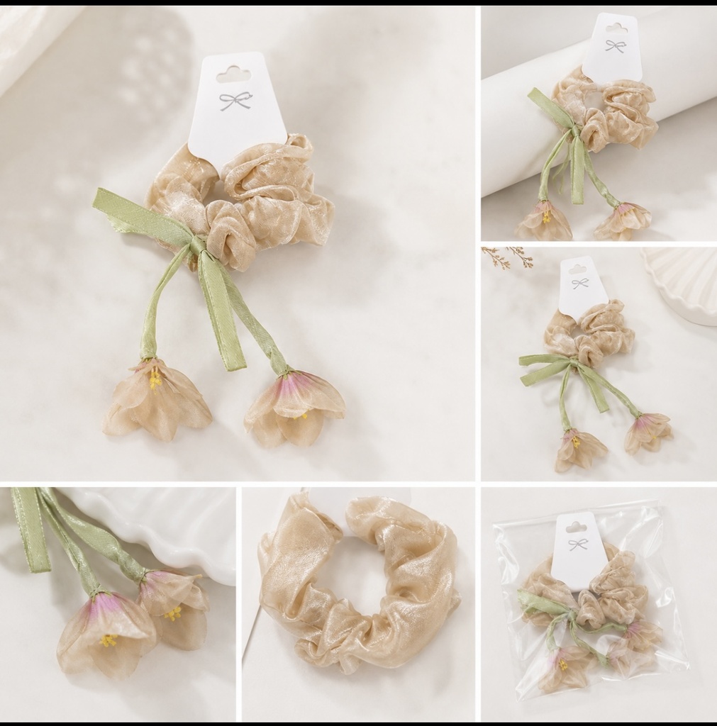 Elegant Champagne Floral Scrunchie with Ribbon & Flower Charms
