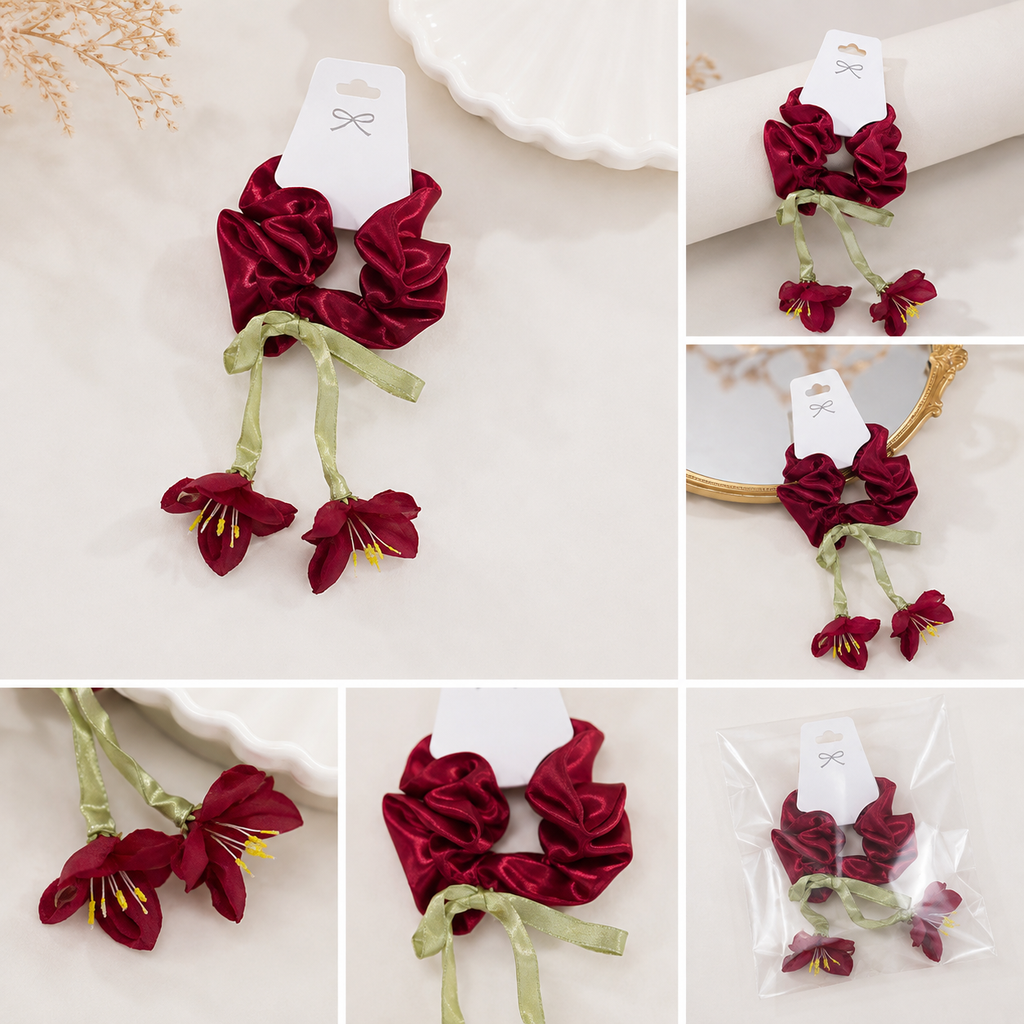 Elegant Maroon Floral Scrunchie with Ribbon & Flower Charms
