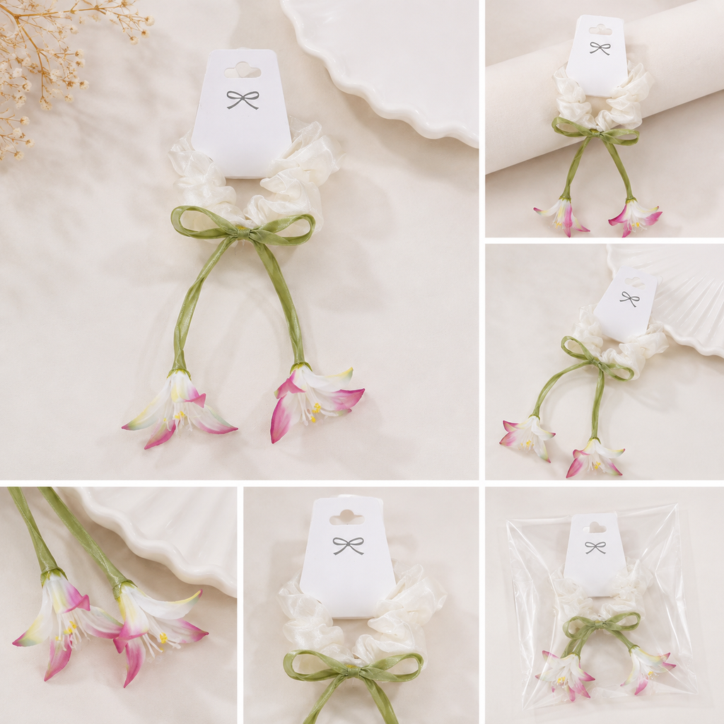 Elegant White Floral Scrunchie with Green Ribbon & Flower Charms
