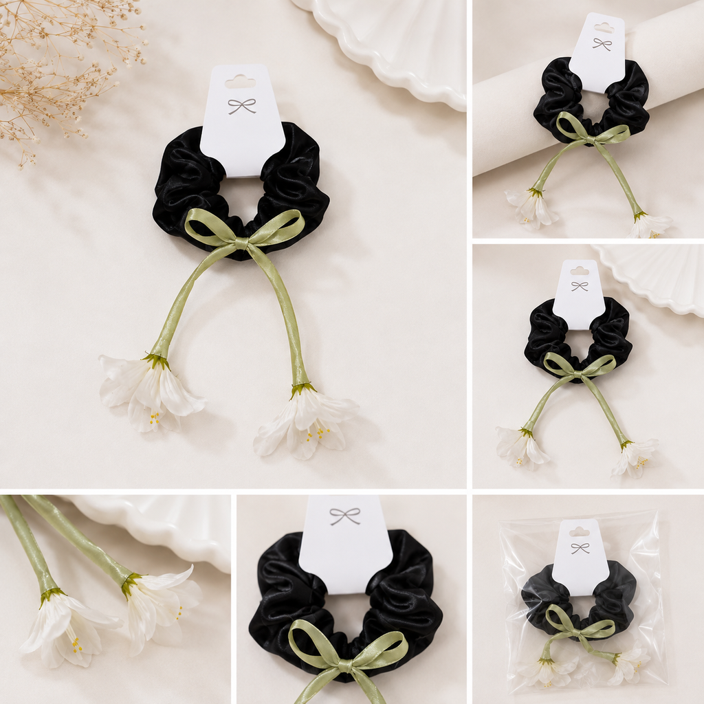 Elegant Black Floral Scrunchie with Green Ribbon & White Flower Charms