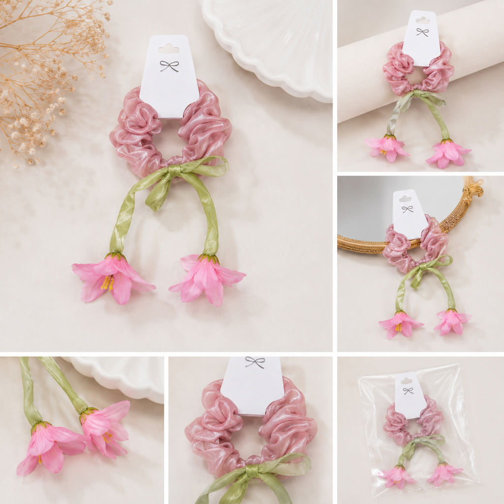 Elegant Pink Floral Scrunchie with Green Ribbon & Flower Charms