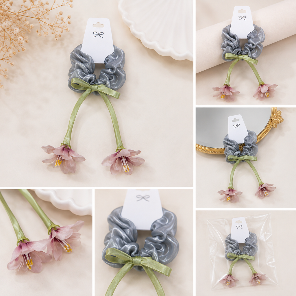 Elegant Silver-Grey Floral Scrunchie with Green Ribbon & Pink Flower Charms