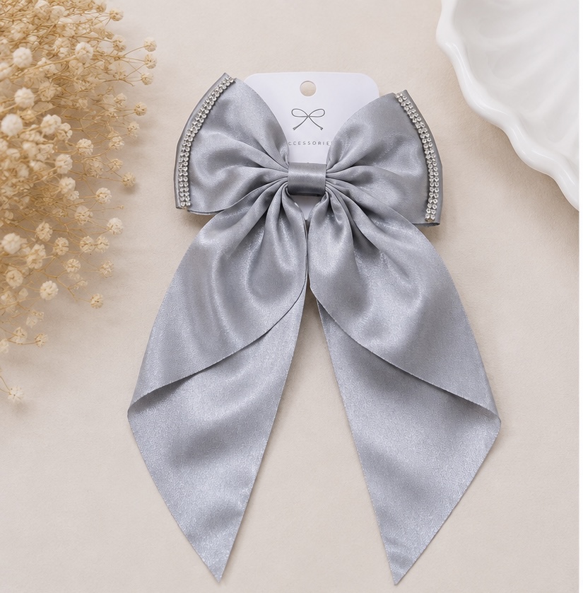 Shining Satin Bow Hair Clip – Silver Grey