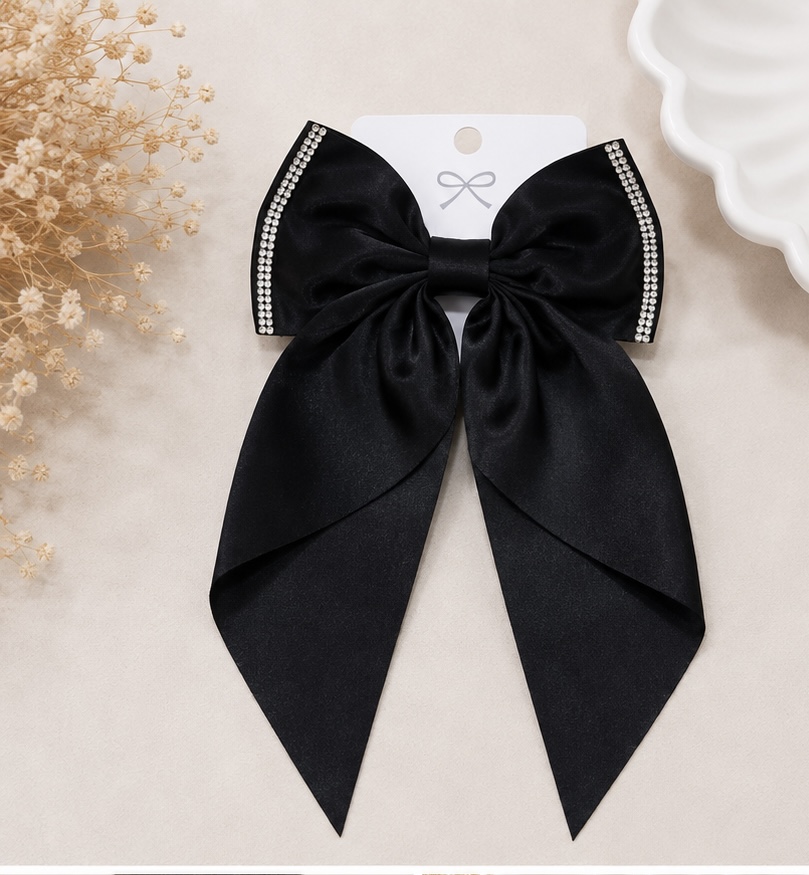 Black Satin Rhinestone Bow Hair Clip