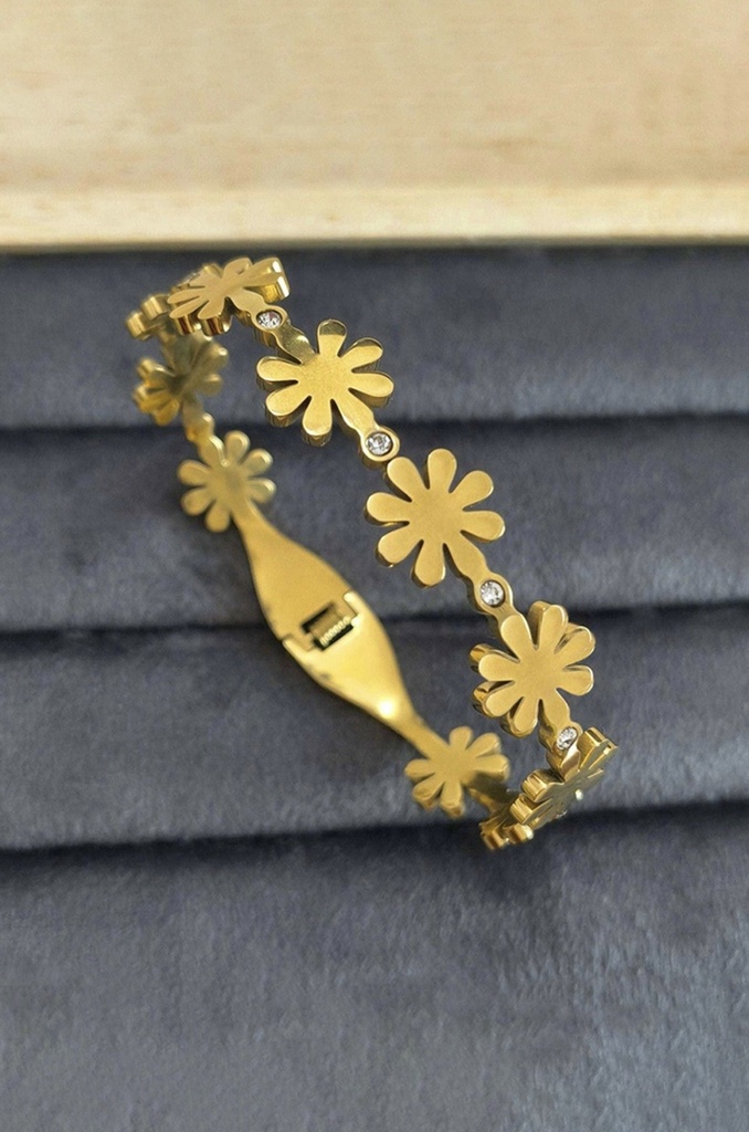 Gold Plated Floral Themed Anti Tarnish Bangle Style Cuff Bracelet | One Size