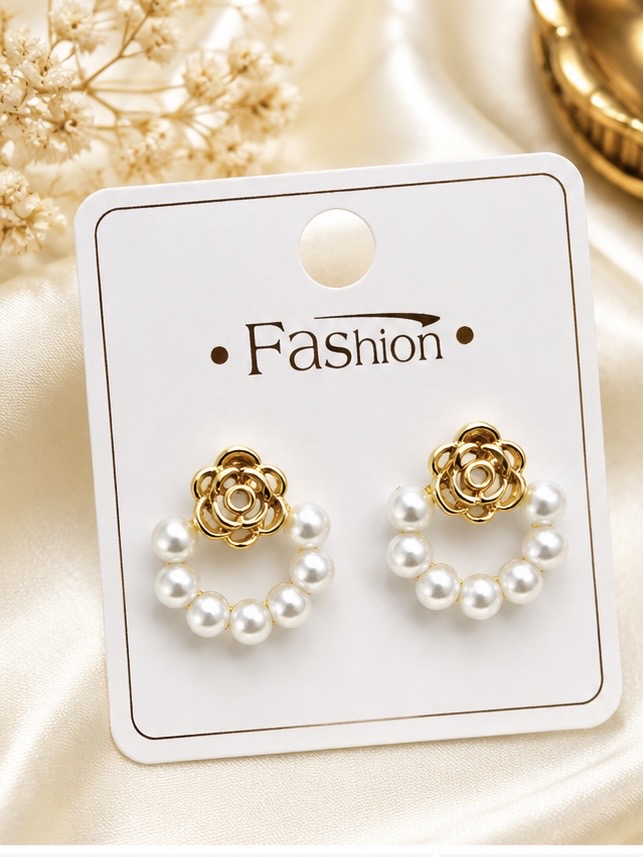 Elegant Rose & Pearl Gold-Plated Stud Earrings for Women