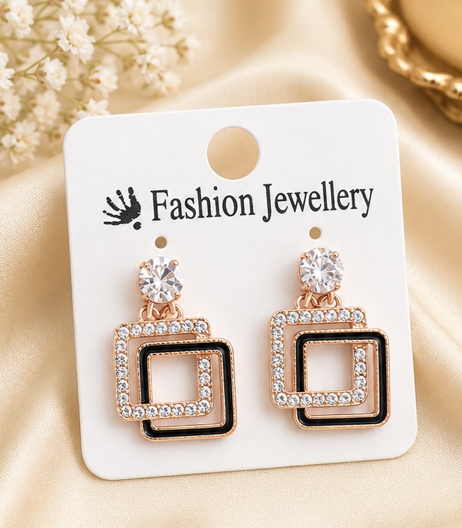 Rose Gold Double Square Crystal Drop Earrings