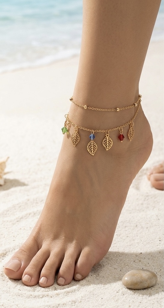 Golden Leaf & Crystal Layered Anklet( one pc)