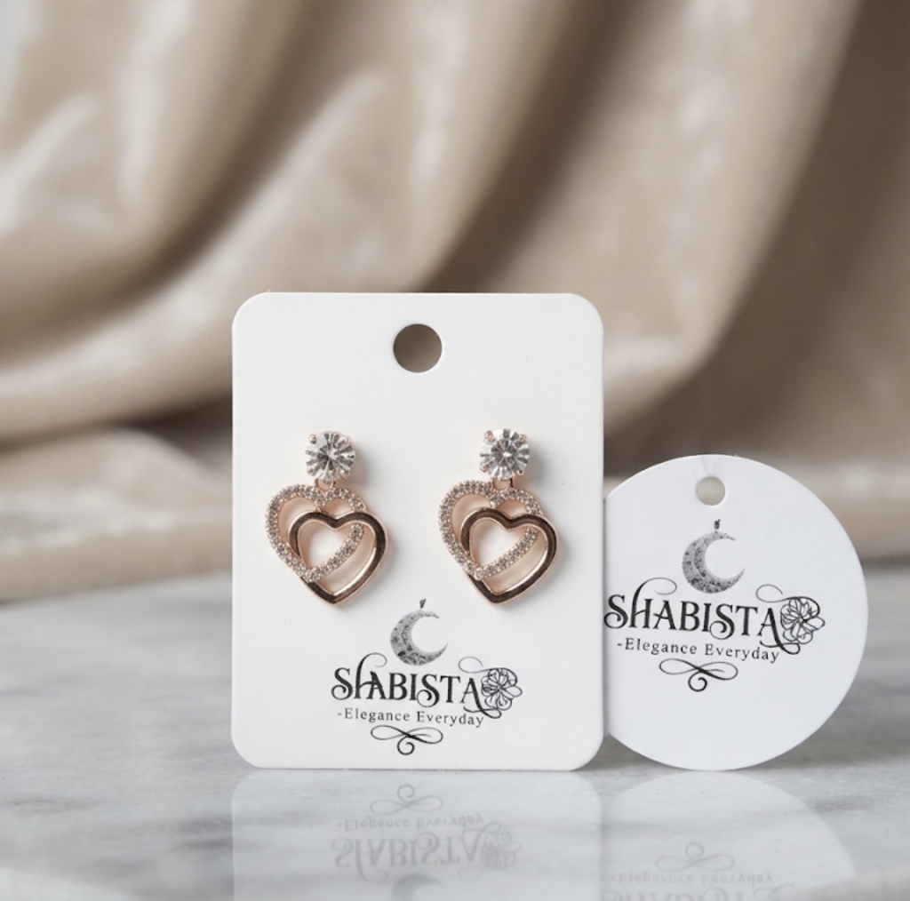 Rose Gold Double Heart Crystal Drop Earrings