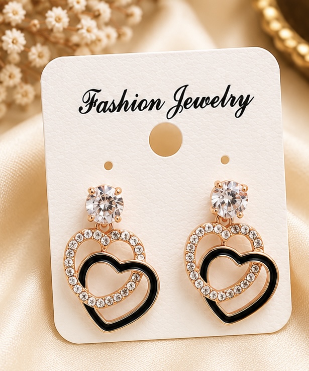 Rose Gold Double Heart Crystal Drop Earrings