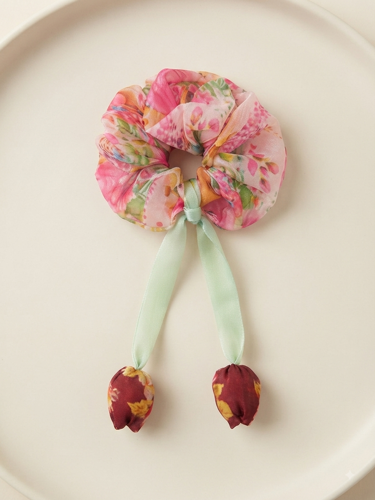 Floral Silk Scrunchie with Tulip Accents