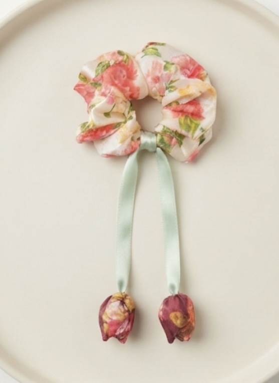 Cream Floral Satin Scrunchie with Tulip Tails