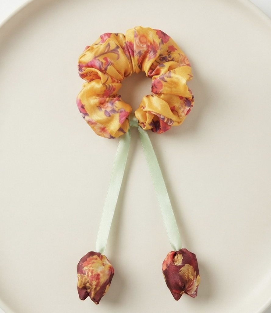Yellow Floral Satin Scrunchie with Tulip Tails