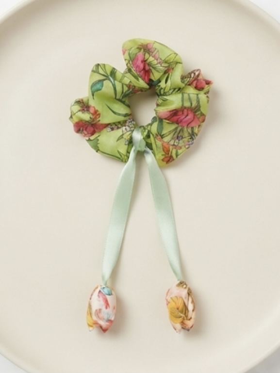 Green Floral Satin Scrunchie with Tulip Tails