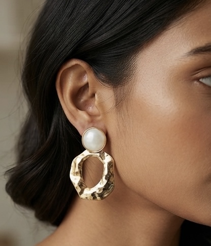 Hammered Gold & Cream Enamel Earrings