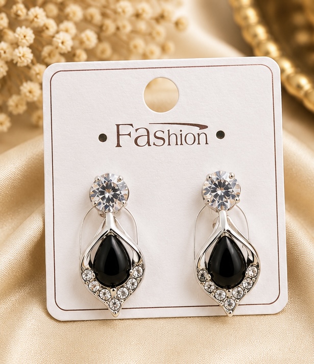 Elegant Black Teardrop & Crystal Silver-Tone Dangle Earrings