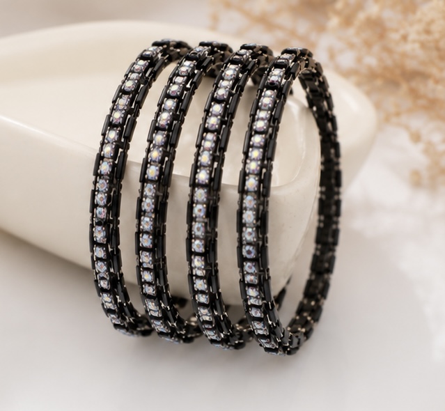 Sparkling Black Rhinestone Bangles (2*4)
