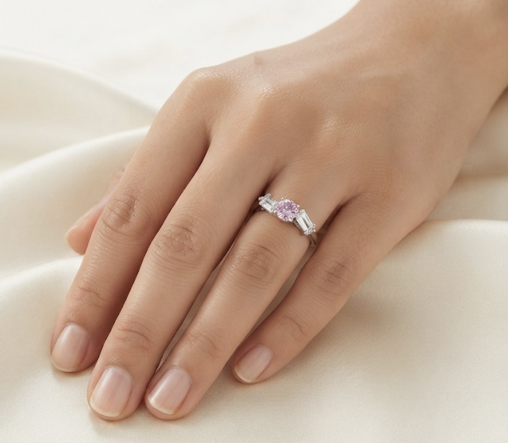 Chic Pink Stone & Baguette Silver-Tone Fashion Ring