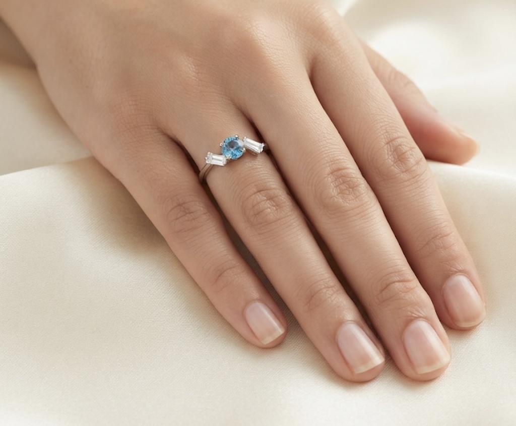 Radiant Blue Stone & Baguette Silver-Tone Fashion Ring