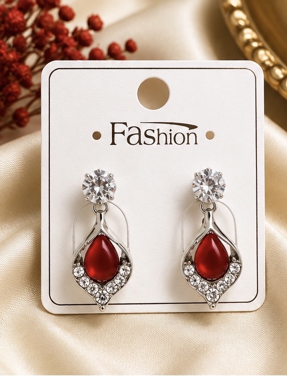 Elegant Red Teardrop & Crystal Silver-Tone Dangle Earrings