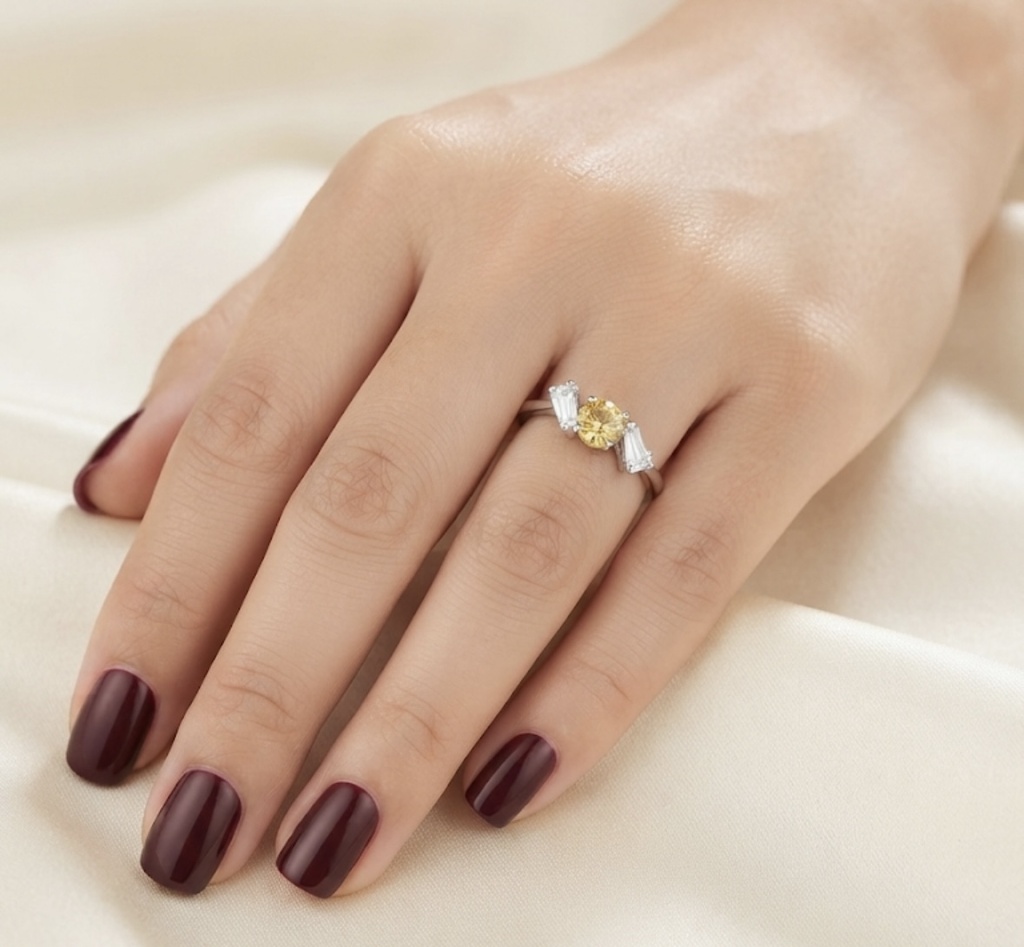Radiant Yellow Stone & Trillion-Cut Silver-Tone Fashion Ring