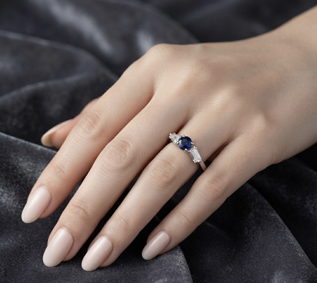 Elegant Royal Blue Stone & Baguette Silver-Tone Fashion Ring