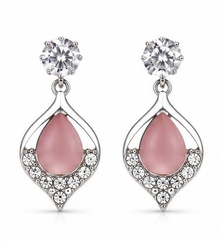 Elegant Pink Teardrop & Crystal Silver-Tone Dangle Earrings