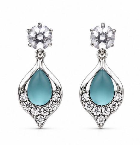 Elegant Teal Blue Teardrop & Crystal Silver-Tone Dangle Earrings