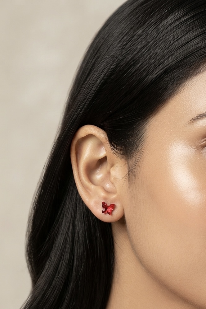 Butterfly Crystal Stud Earrings-Red