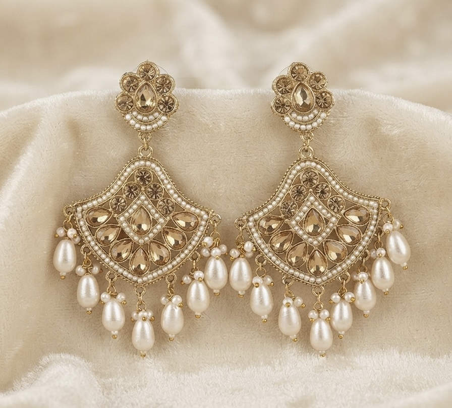 Royal Champagne Stone & Pearl Drop Chandbali Earrings for Women