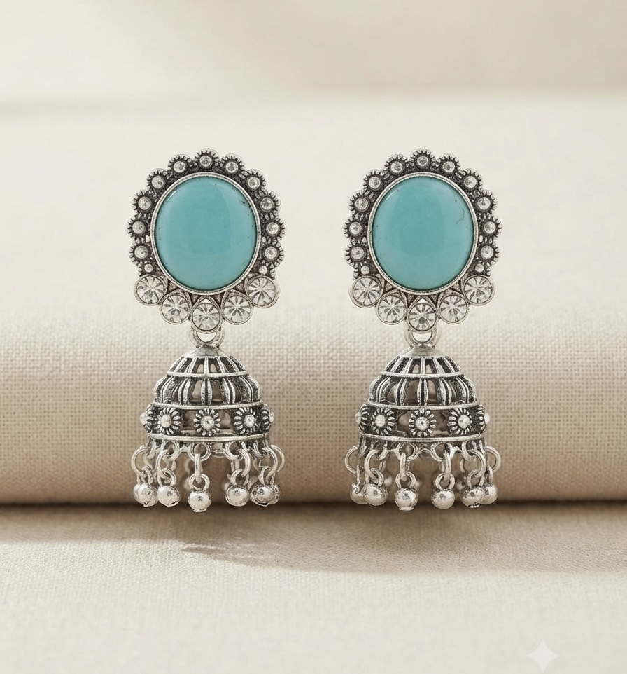 Mint Blue Stone Oxidised Jhumka
