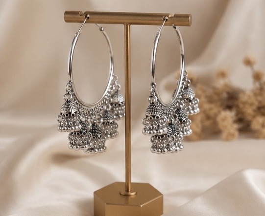 Oxidized Silver Hoop Jhumka Earrings