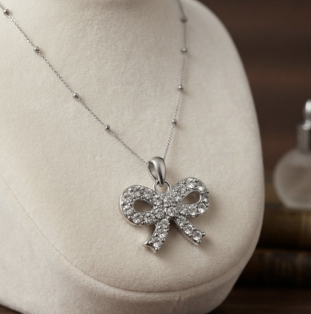 Elegant Silver-Tone Bow Pendant Necklace