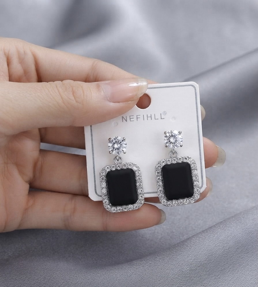 Elegance Statement Dangle Earrings -Rectangular- Black